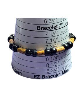 Patterned Wooden and Black Plastic Beaded Bracelet 8 inches Unstretched